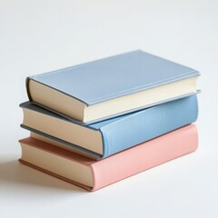 A stack of three books in varying sizes and colors, neatly arranged on a white background 