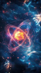 Stunning Visual of an Atomic Structure with Vibrant Colors, Swirling Gas Clouds, and Cosmic Background Representing the Essence of Matter and Energy in a Magnificent Universe