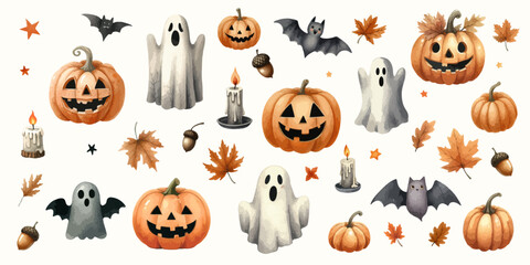 Set of Halloween watercolor clipart stickers with black cat in witch hat, skull, pumpkins, candle, snake, pot, ghost, hand with bone, candies, bat, spider.