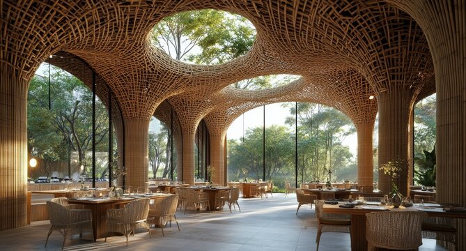 Elegant dining area in a modern restaurant with a woven bamboo ceiling and large windows