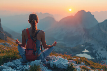 Evening meditation in the mountains as the sun sets behind majestic peaks. Generative AI