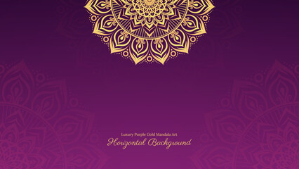 Rich Purple Horizontal Background Design featuring Detailed Mandala Art with Ornate Gold Accents