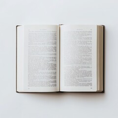 Obraz premium An open book with crisp white pages and visible text, lying flat on a white background