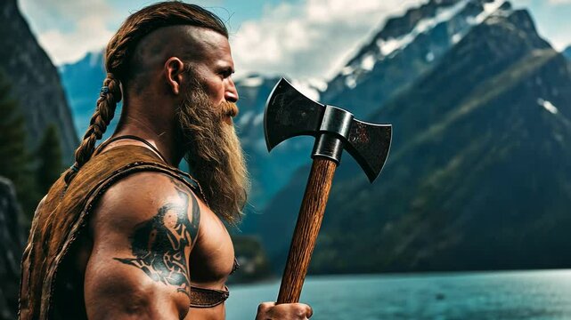 Viking warrior with axe standing by mountain lake  

