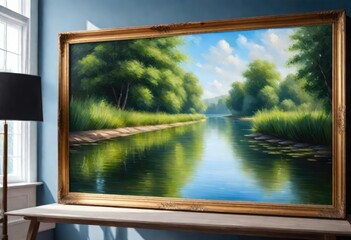 A painting of scenery of a  lake of water flows along the bank, where trees shadow water bodies and look so calming, the water stream flows in forests