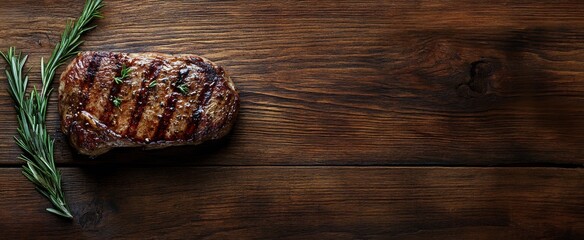 Grilled steak garnished with rosemary on a wooden surface during a summer afternoon