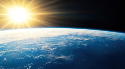 Fototapeta premium Stunning View of Earth from Space with Brilliant Sun Rays Above Horizon