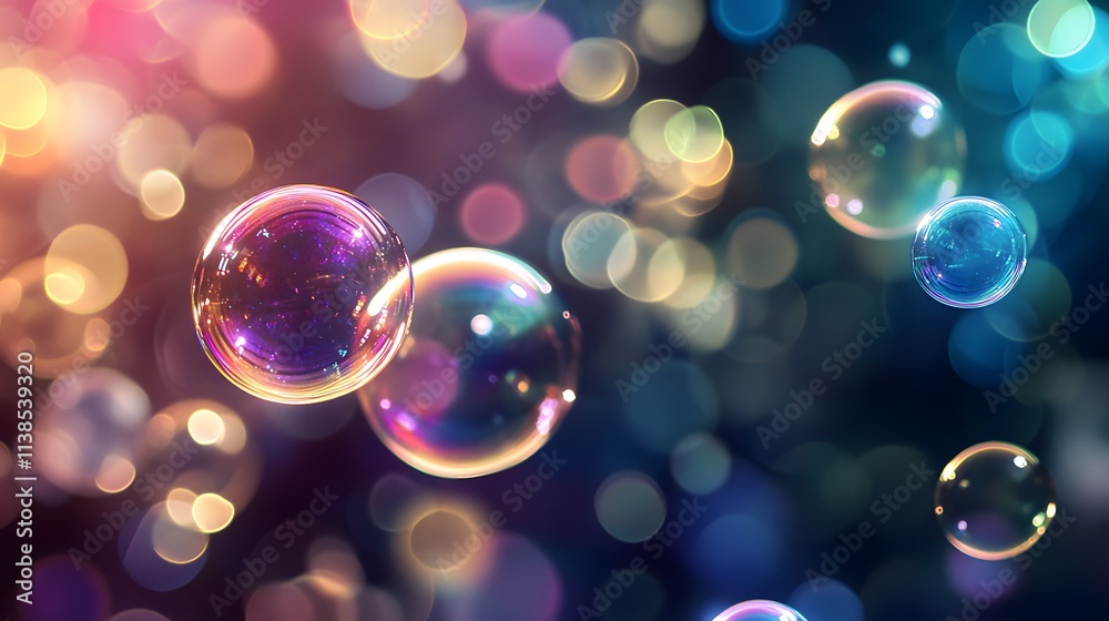 Poster Colorful Bubbles Floating in a Dreamy Atmosphere with Soft Light and Out of Focus Background for Creative and Artistic Visuals