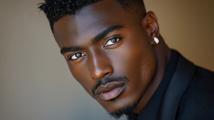 Close-up portrait of a handsome Black man with intense gaze.