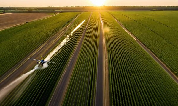 Aerial view of a crop duster spraying a field of crops at sunset.