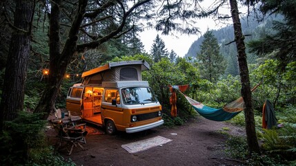 Fototapeta premium A rustic campsite with a camper van, hammocks strung between trees, and a peaceful mountain backdrop