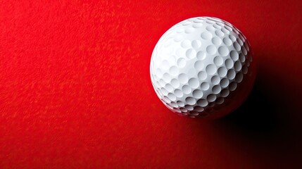 A classic white golf ball hovering on a bright red background for a striking visual contrast.