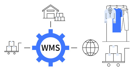 Warehouse icon, storage carts, clothing rack, globe, and blue gear with WMS text. Ideal for logistics, inventory management, supply chain e-commerce retail warehouse shipping. Line metaphor