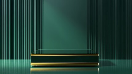 A modern, minimalist square podium for product display in green and gold, set against a dark green backdrop with subtle stripes