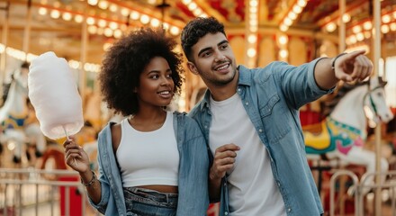 Joyful couple at amusement park with cotton candy