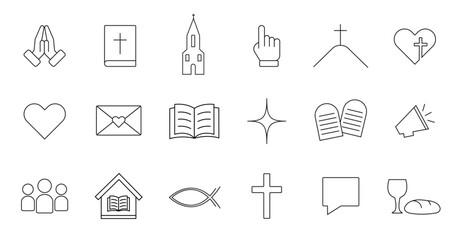 A set of Christian images. Linear icons set. Icons on the Christian theme.	