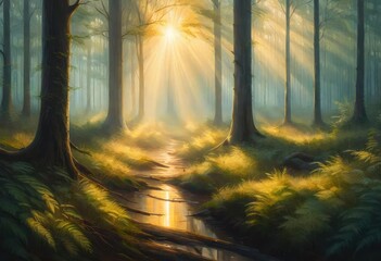 A painted picture  of a forest where sun is shining from the trees , beautiful acrylic color painting