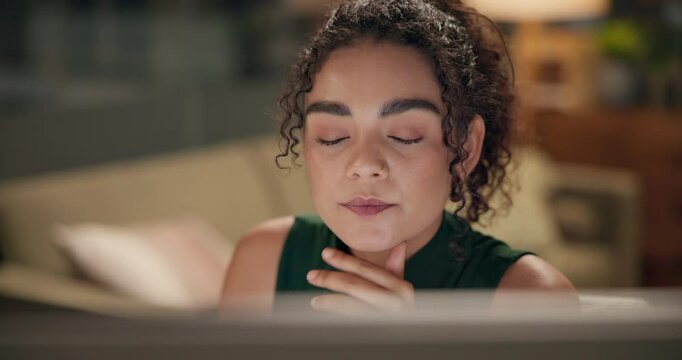 Thinking, night and woman with computer, research and creative for journalism, online and deadline. Contemplating, professional and remote work for reporter, ideas and working late for article