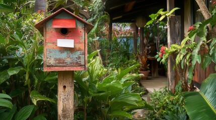 Colorful rustic mailbox surrounded by lush greenery in a tranquil garden setting