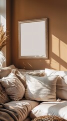 Cozy Interior with Blank Photo Frame Mounted on Rustic Wooden Wall