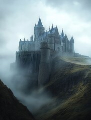 Naklejka premium A mystical castle perched on a cliff, shrouded in fog, evoking a sense of mystery.