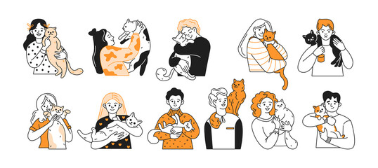 Happy people hug pets flat color linear icons collection