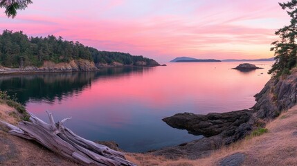 Obraz premium Serene Sunset Over Calm Ocean with Rocks and Forest Landscape