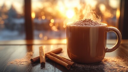 Hot chocolate with cinnamon sticks and blurred cozy background