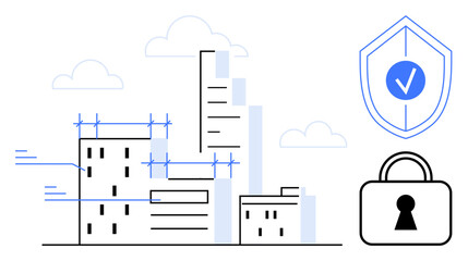 Skyscrapers and buildings with a security shield and padlock. Ideal for city planning, urban safety, secure construction, data protection, cybersecurity, real estate, and technology. Line metaphor