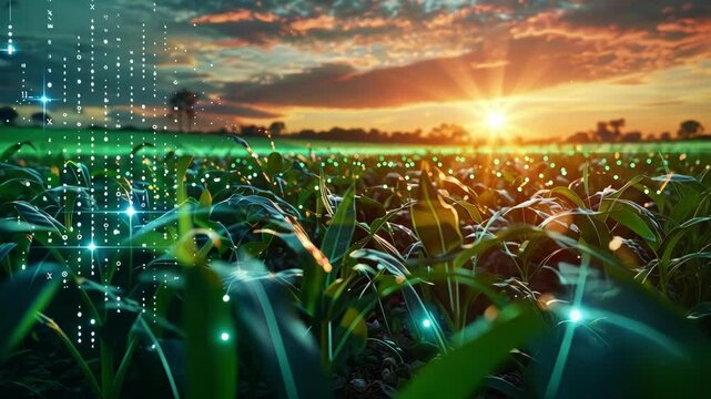Innovative agricultural technology is enhancing crop production in a cornfield, optimizing growth and efficiency at sunset with binary code data visualization