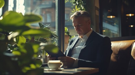Man in suit reading in a coffee shop, surrounded by nature and calm vibes, enjoying a cup of coffee on a sunny day.