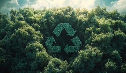 Green forest with recycling symbol formed by foliage showcasing natures harmony