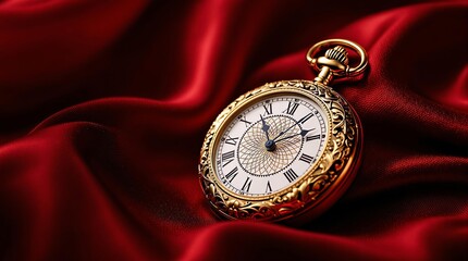 Ornate Golden Pocket Watch on Red Fabric, Timeless Luxury