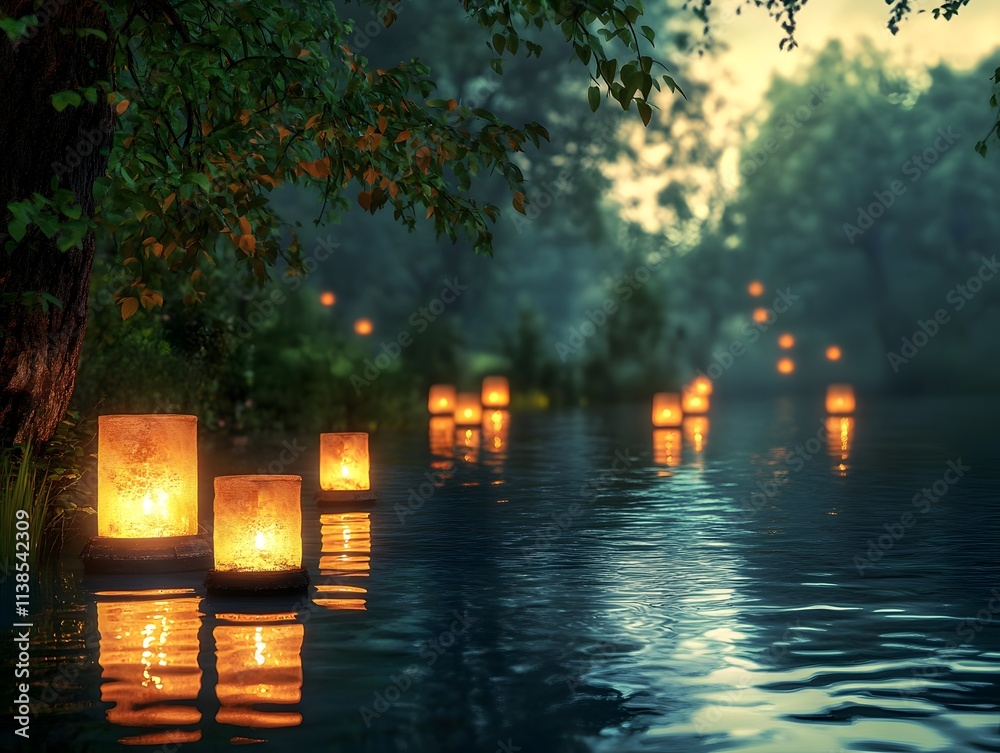 Poster Tranquil Evening Scene with Glowing Lanterns Floating on Calm Water Surrounded by Lush Greenery and Soft Evening Light in a Serene Natural Landscape