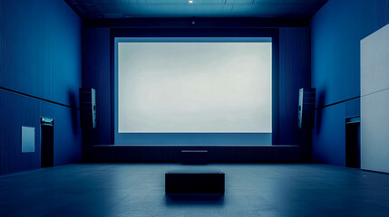 Fototapeta premium Front View of a Large, Empty White Screen in the Center of a Modern Exhibition Hall with Dark Blue Walls