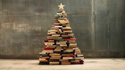 Christmas tree built from stacked books with ornaments for book enthusiasts
