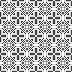 Seamless black and white geometric pattern with symmetrical shapes. Suitable for backgrounds, wallpapers, textiles and various graphic design projects.