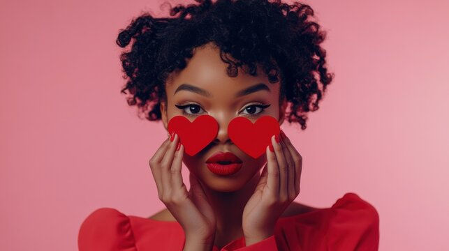 Stylish black woman holding red cutouts in front of her eyes on a pink background, for Valentine's Day celebration.
