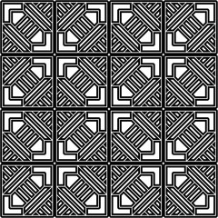 Seamless black and white geometric pattern consisting of symmetrical abstract shapes with intertwined lines in a grid layout. Suitable for backgrounds, textiles and various artistic projects.