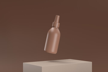 A bottle of perfume is floating in the air above a brown background