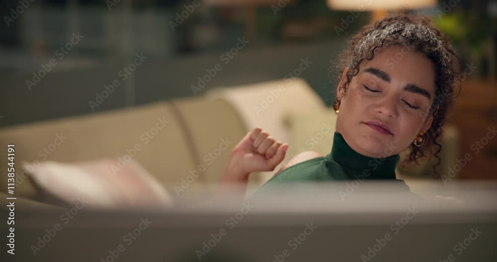 Aufkleber computer, tired and yawn with designer woman in home office at night for project deadline. exhausted