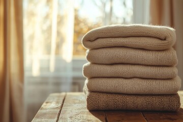 Stacked soft neutral sweaters on a wooden table in a warm sunlight atmosphere