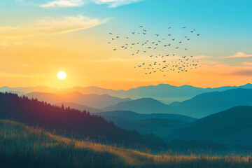 A serene sunset over mountains with birds flying, evoking tranquility and nature's beauty.