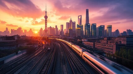 Fototapeta premium A high-speed train in motion, with a stunning city skyline in the background, illuminated by the golden light of sunset