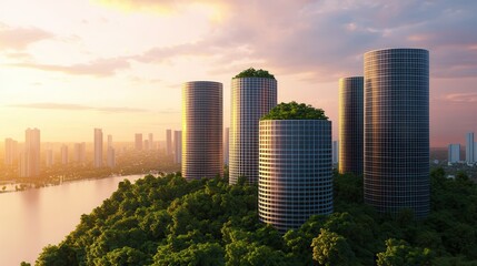 Obraz premium Symbolic Visual Concept. Eco-Friendly Solar Powered Architecture in a Lush Green City with Modern Skyscrapers Surrounded by Nature Under a Beautiful Sunset