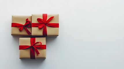 Fototapeta premium Gift boxes wrapped in red ribbons, presented in eco-friendly paper on a white background.
