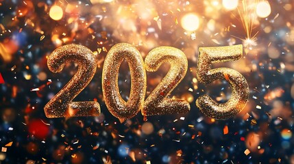 Festive New Year 2025 poster featuring fireworks, colorful confetti, and bold golden text