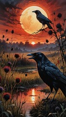 An illustration of a black raven at night with red colors giving an ominous vibe.