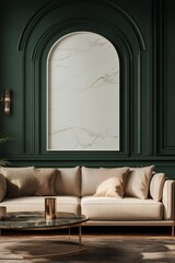 Cozy living room with green walls and elegant decor featuring a marble archway