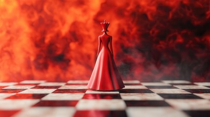 Symbolic Visual Concept. Red Queen Chess Piece Symbolizing Power and Strategy on a Molten Chessboard Surrounded by Fiery Atmosphere and Dark Background